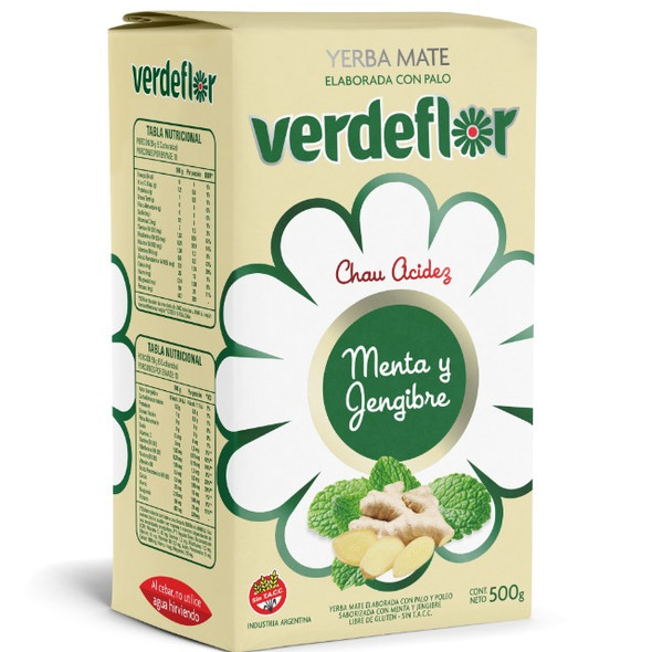 Verdeflor Yerba Mate with Palo and Poleo, Mint and Ginger Flavor Gluten-Free Chau Acidez Menta & Jengibre, 500 g / 17.63 oz