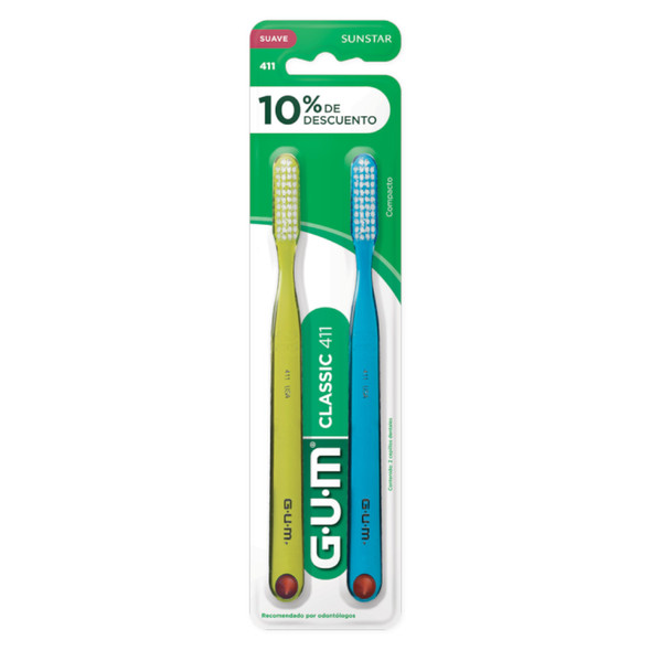 Cepillo Dental Clásico Gum 411 Suave Classic Toothbrush Gum 411 Soft - Assorted Colors (2 count) Cepillo Dental Clásico Gum 411 Suave Classic Toothbrush Gum 411 Soft - Assorted Colors (2 count)