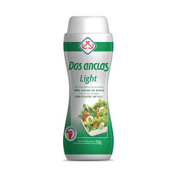 Dos Anclas Light Fine Salt - 66% Less Sodium Gluten-Free Sal Light Reducida en Sodio, 250 g / 8.81 oz