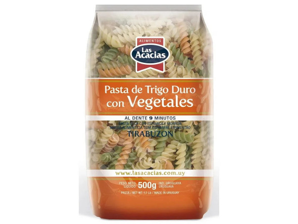 Las Acacias Dried Durum Wheat Pasta with Vegetables Fideos Tirabuzón con Vegetales from Uruguay, 500 g / 17.63 oz (pack of 3)