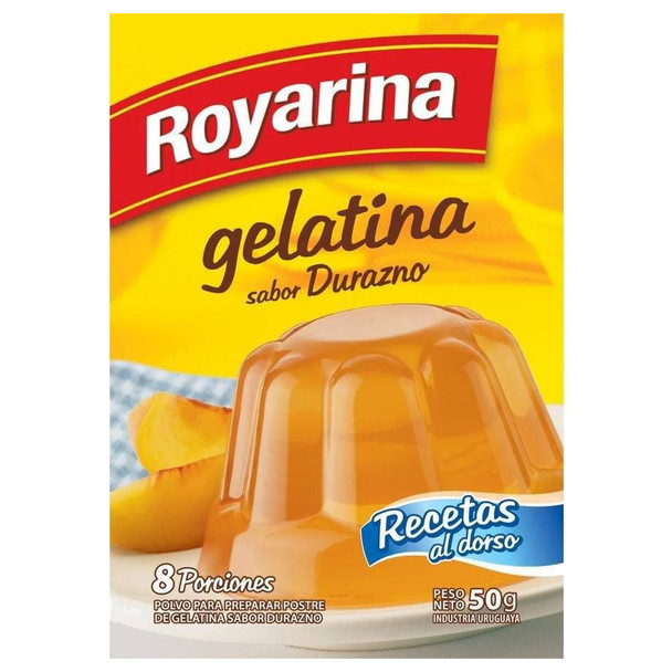 Royarina Peach Ready to Make Jelly Gelatina Durazno Jell-O, 8 servings per pouch 50 g / 1.76 oz