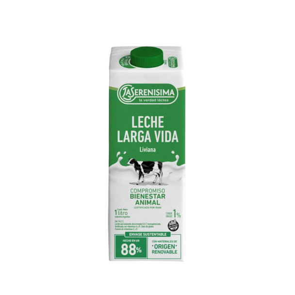 La Serenísima Leche Larga Vida Liviana 1% Milk-Fat, 1 L / 33.8 fl oz Tetra-brick con Tapa