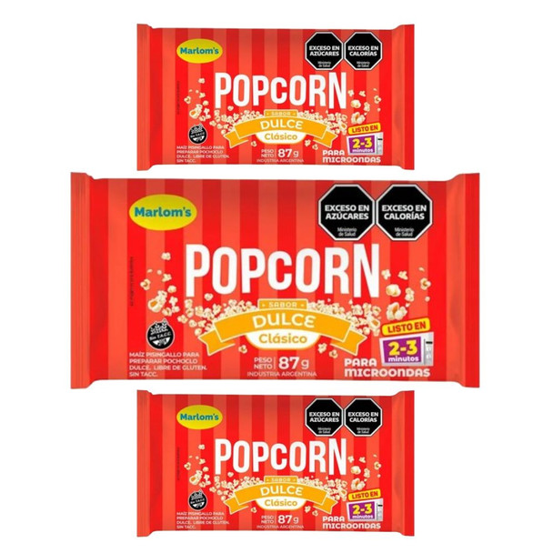 Marlom's Popcorn Pochoclos Dulces Sweet Popcorn for Microwave Ready In Two Minutes - Gluten Free & Vegan Snack, 87 g / 3.07 oz ea (pack of 3)