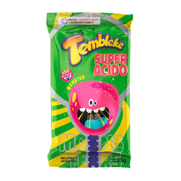 Tembleke Sour Lollipop Chupetines Super Ácidos Lollipop with Sour Candy Dipping Powder, 250 g / 8.82 oz (box of 10 units)