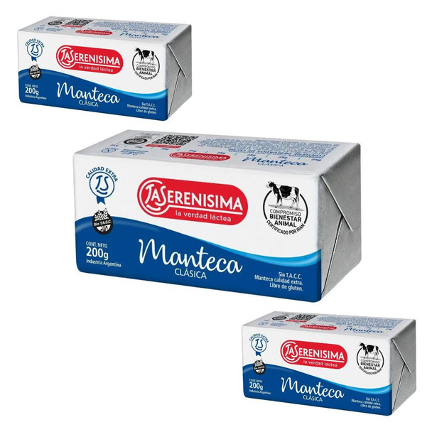 La Serenísima Manteca Clásica Gluten-Free Classic Butter Foil, 200 g / 7.05 oz (pack of 3)