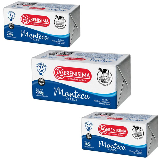 La Serenísima Manteca Clásica Gluten-Free Classic Butter Foil, 200 g / 7.05 oz (pack of 3)