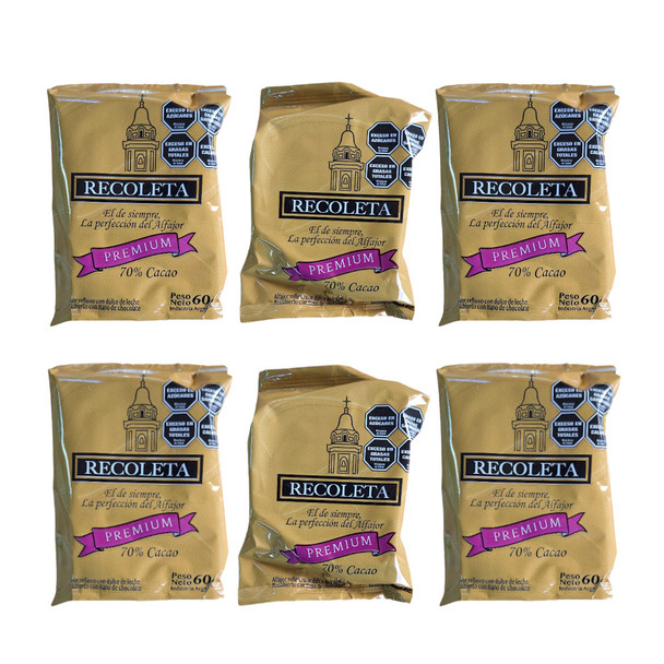 Recoleta Premium Alfajores: 70% Cacao Chocolate-Coated, Dulce de Leche Filled, 60 g / 2.1 oz (pack of 6)