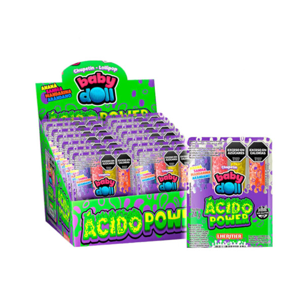 Baby Doll Ácido Power Sour Fruit Lollipops: Assorted Fruity Flavors with Tangy Twist, 432 g / 15.02 oz (box of 18 trays of 4 count)