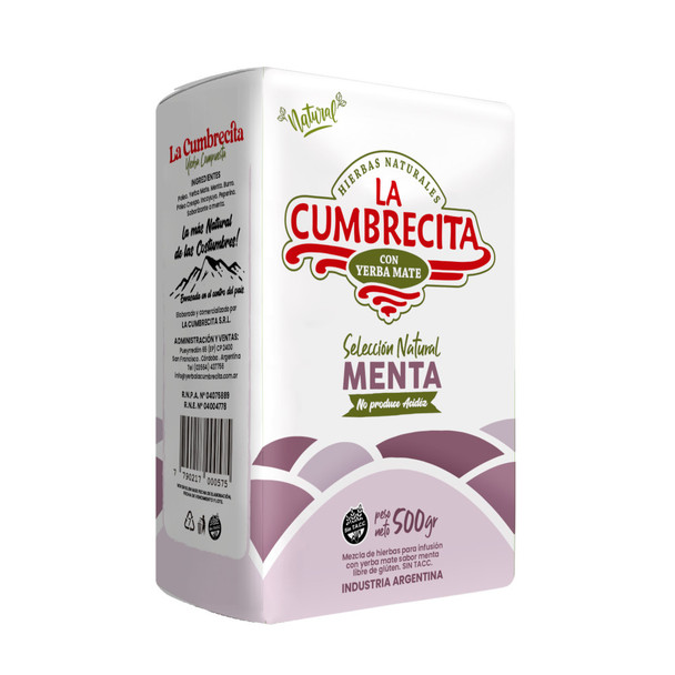 La Cumbrecita Menta Natural Herbs with Yerba Mate, Mint Selection, Non-Acidic, 500 g / 17.6 oz