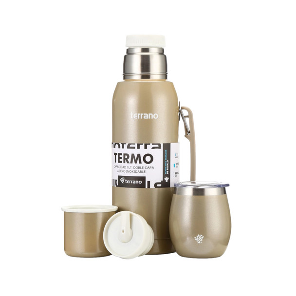 Kit Thermos + Mate Stainless Steel Steel Kit with Lid Mate Acero con Tapón Pico Cebador Extra, 1 l / 33.8 fl oz (Various Colors Available)