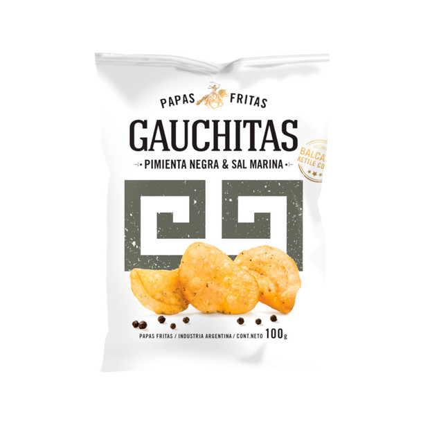 Gauchitas Black Pepper & Sea Salt Potato Chips, Crunchy Snack Papas Fritas Saborizadas con Pimienta Negra & Sal Marina, 100 g / 3.5 oz