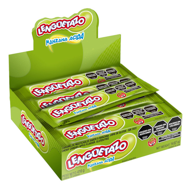 Lengüetazo Long Sour Apple Soft Sour Candy Caramelos Masticables Sabor Manzana Ácida, 13 g / 0.5 oz (box of 32 units)