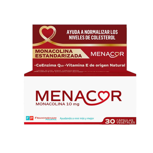 Menacor Standardized Monacolin Dietary Supplement with Vitamin E & CoQ10 Capsules Gluten-Free (Box of 30 Pills)