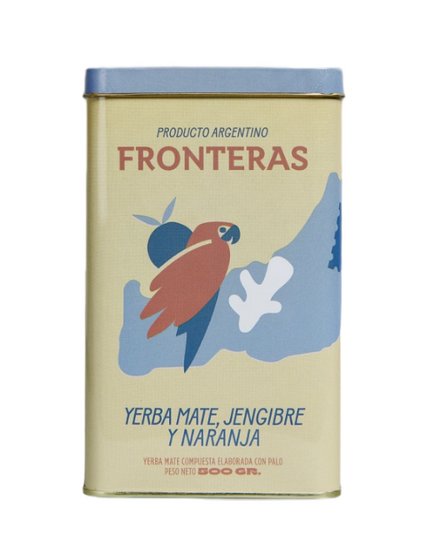Fronteras Yerba Mate Can with Ginger & Orange, Jengibre & Naranja Can with Scarlet Macaw Design, 500 g / 1.1 lb