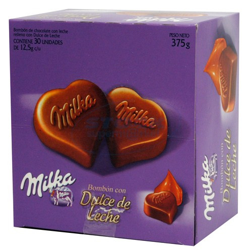 Milka Bombón con Dulce de Leche Milk Chocolate Heart-shaped Bite Filled with Creamy Dulce de Leche, 12.5 g / 0.45 oz (box of 30)