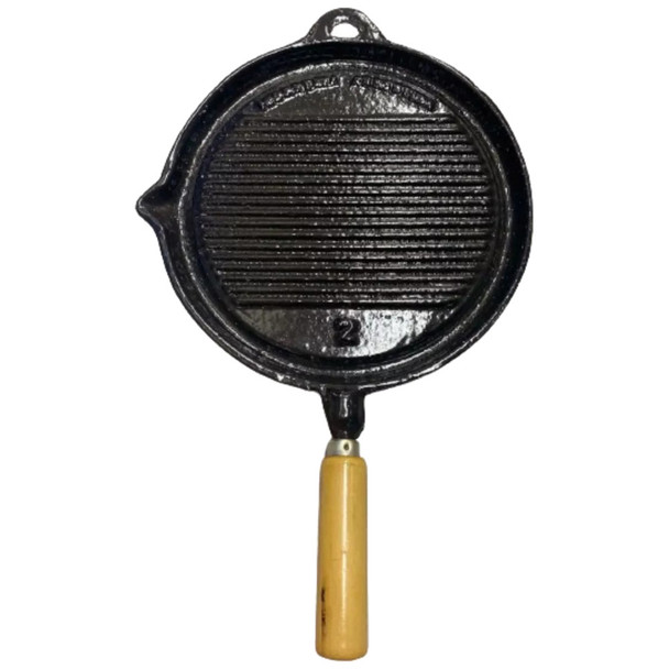 Plancha Bifera Nro 2 Rayada Enlozada Asadera Redonda Para Hornalla Iron Round Grill Roasting Griddle with Wooden Handle, 25.5 cm / 10.03" diam