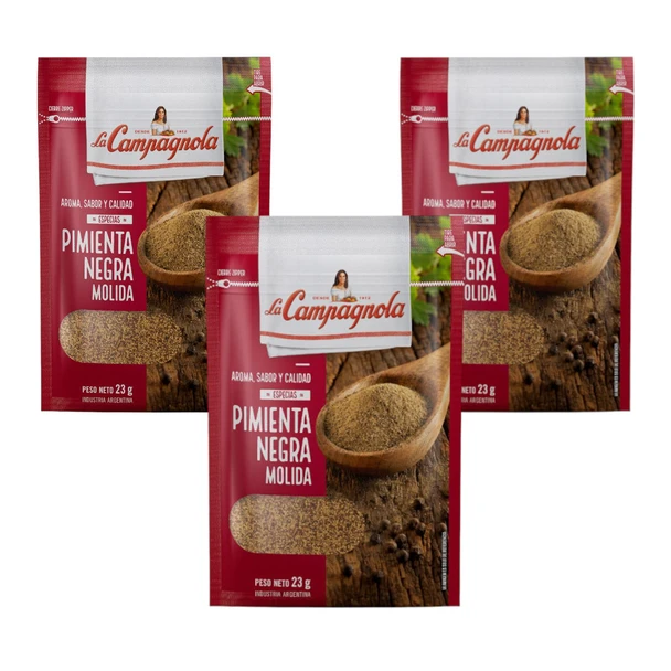 La Campagnola Especias Pimienta Negra Molida Ground Black Pepper, 23 g / 0.81 oz zipper pouch (pack of 3)