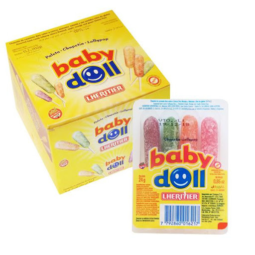 Baby Doll Chupetín Classic Argentinian Lollipop Assorted Flavors Apple, Cherry, Orange & Grape, 432 g / 15.02 oz (box of 18 trays of 4 count)
