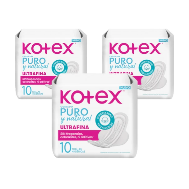 Kotex Pure & Natural Sanitary Pads with Wings, No Fragrances, Colors, or Additives, 10 Count (pack of 3)