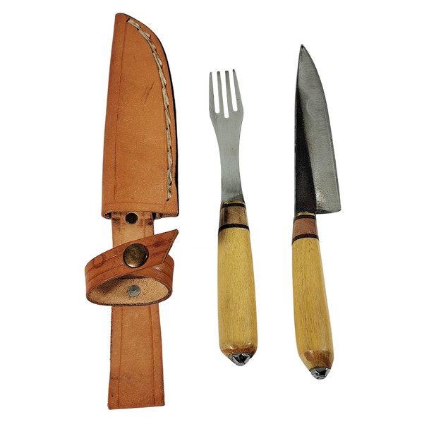 Artisanal Rustic Knife and Fork Set No.2 with Leather Sheath, 16 cm Knife Length