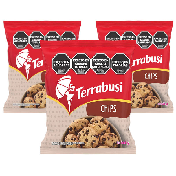 Terrabusi Chips Cookies Classic Sweet Cookies with Chocolate Chips, 144 g / 5.07 oz ea (pack of 3)