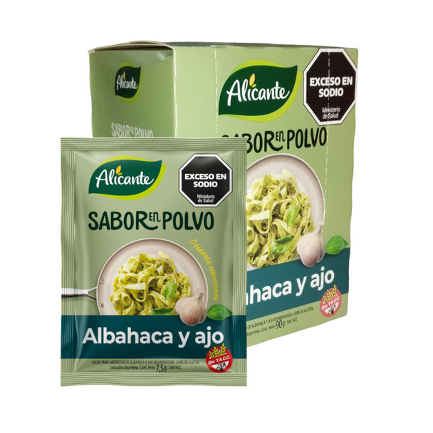 Alicante Sabor En Polvo Albahaca y Ajo Basil & Garlic Flavored Powder Ready To Use Seasoning Broth, 7.5 g / 0.26 oz ea (box of 12 pouches)