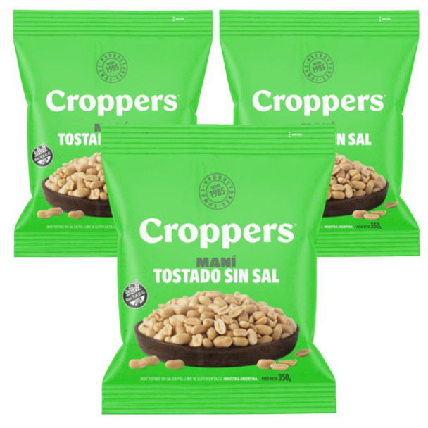Croppers Roasted Unsalted Peanuts Skinless, Gluten-Free, 350 g / 12.34 oz ea (pack of 3)