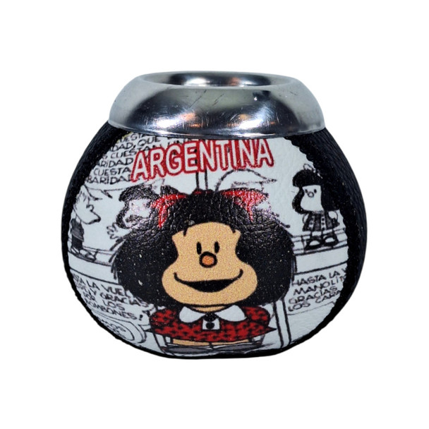 Gourd Mate Cup with Metal Rim – Leather Wrapped, Mafalda Comic Design