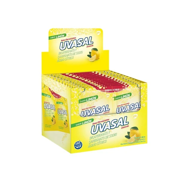 Uvasal Limón Sales Efervescentes Effervescent Powder with Bicarbonate, Sodium Carbonate & Citric Acid for Acid Indigestion Lemon Flavor - Gluten Free, 5 g / 0.17 oz pouch (box of 15 pouches)