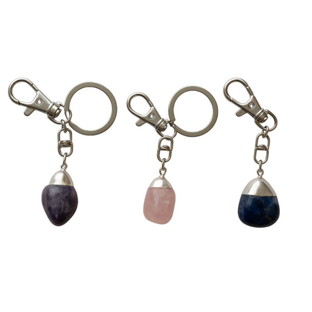 Natural Stone Keychain with Steel Ring – Amethyst, Rose Quartz, Blue Quartz Llavero Piedras