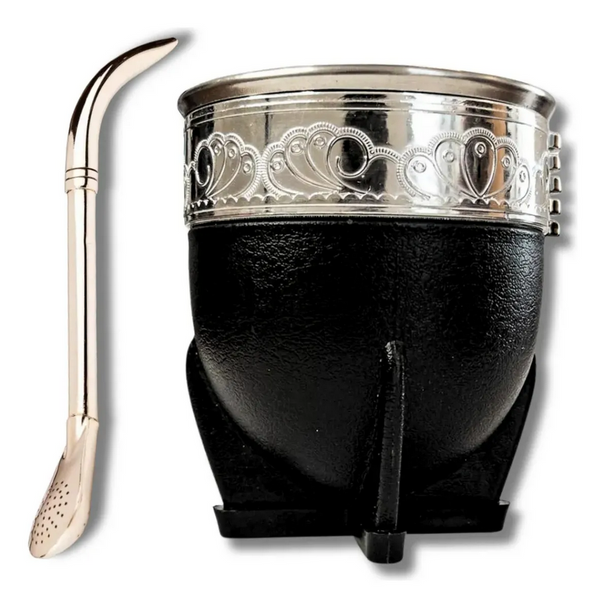 Imperial Gourd Mate Set – Large Black Vegan Calabash with Engraved Rim + Stainless Steel Straw (Pico de Loro)