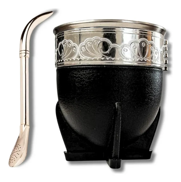 Imperial Gourd Mate Set – Large Black Vegan Calabash with Engraved Rim + Stainless Steel Straw (Pico de Loro)