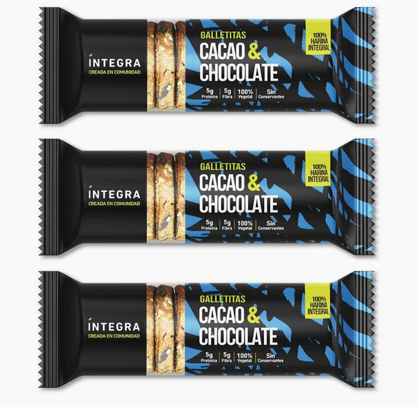 Integra Cacao & Chocolate Cookies, Galletas Saludables Plant-Based con Cacao y Chocolate, 200 g / 7.05 oz (pack of 3)