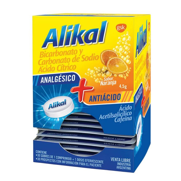 Alikal Effervescent Analgesic & Antacid Tablets Orange Flavor (box of 30 pouches)