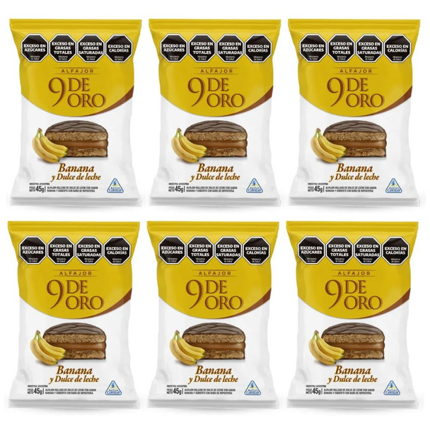 9 de Oro Alfajor Banana & Dulce de Leche - Chocolate Covered Alfajor, 46 g / 1.62 oz (pack of 6)