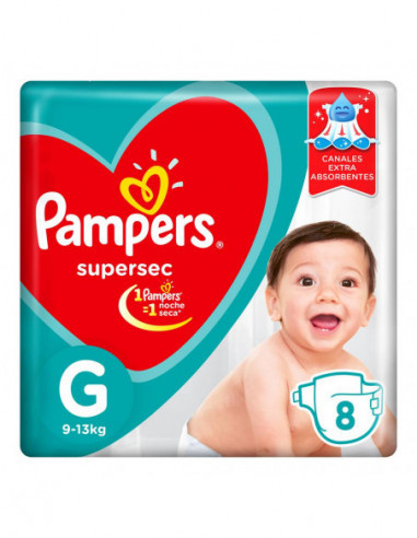 Pampers Supersec Pañales Desechables Grandes Extra Absorbent Baby Diapers For 9 kg To 13 kg / 19.84 lb To 28.66 lb Infants Big Size, 32 Count (4 packs of 8 ea)
