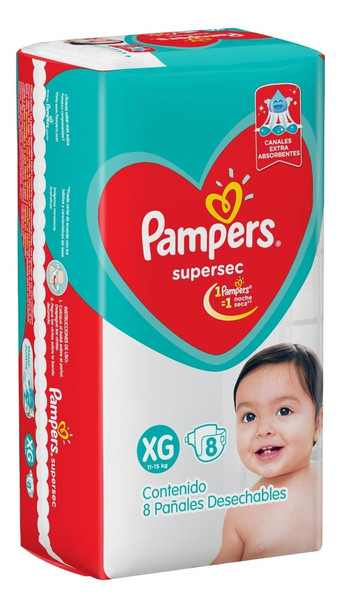 Pampers Supersec Pañales Desechables XG Extra Absorbent Baby Diapers For 11 kg To 15 kg / 24.25 lb To 33.06 lb Infants XL Size, 32 Count (4 packs of 8 ea)