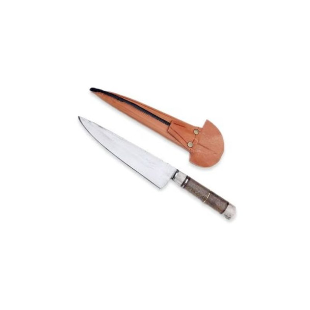 Black Steel Country Knife with Wooden and Horn Handle + Leather Sheath, 18 cm / 7.08 in