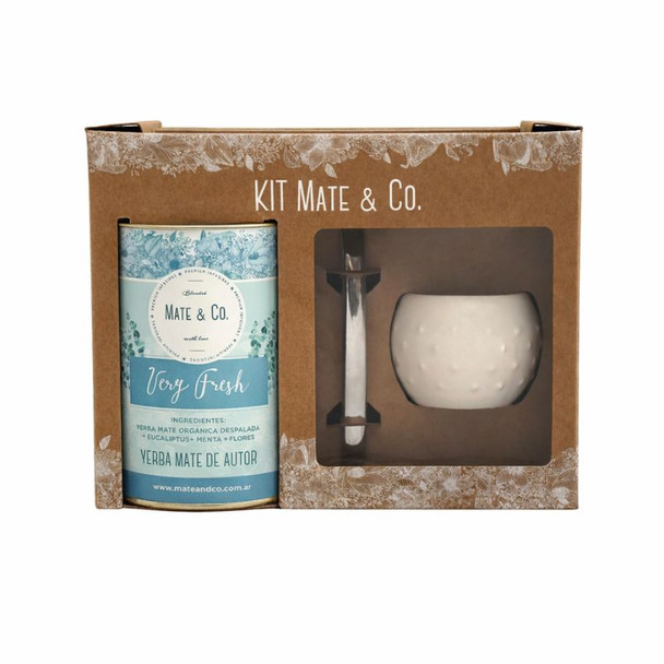 Mate & Co Very Fresh Yerba Mate Gift Kit with White Ceramic Mate & Bombilla, 250 g / 8.82 oz