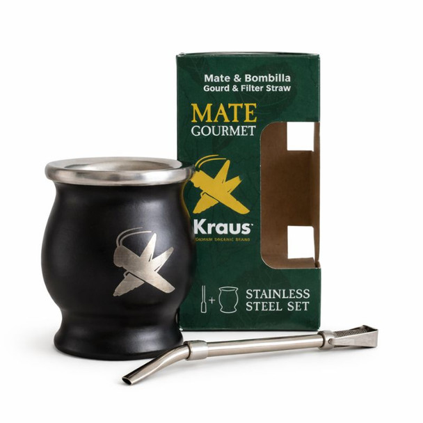 Kraus Gourmet Mate Negro with Bombilla, Stainless Steel Straw