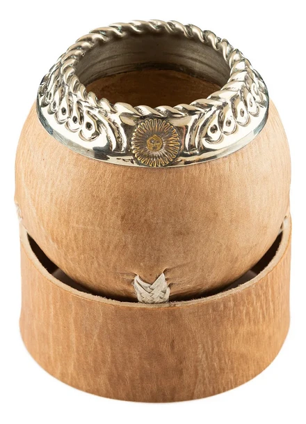 Matesur Torpedo Raw Leather Mate Gourd with Sol de Mayo Bronze, Handmade Argentine Calabash Mate, 10 cm / 4 in