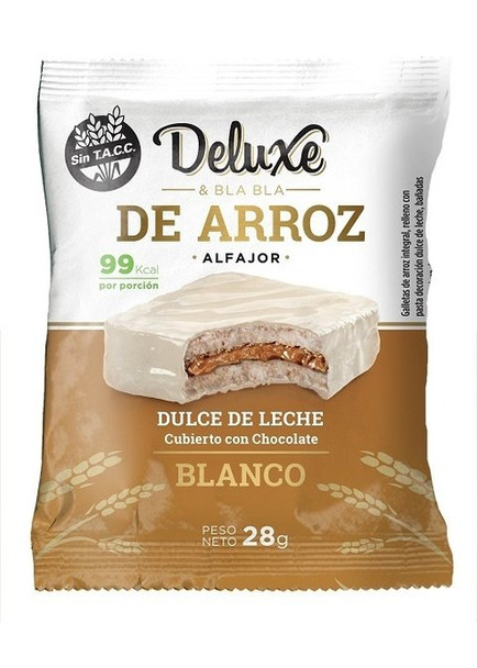 Deluxe Alfajor Blanco De Arroz Wholegrain Rice White Chocolate Alfajor Filled With Dulce De Leche, 28 g / 0.98 oz (pack of 12)