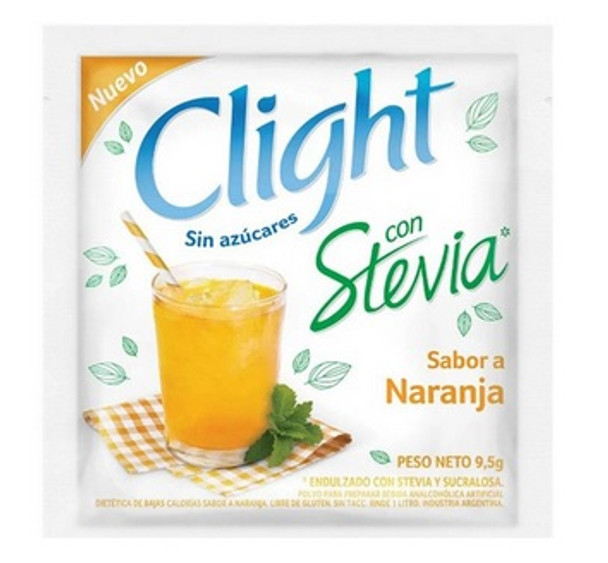 Jugo Clight Naranja Stevia Zumo en Polvo Sabor Naranja Endulzado con Stevia, 9.5 g / 0.33 oz (caja de 16)