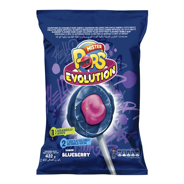 Mister Pops Evolution Chupetín-Chicle Chupetín de Arándano Relleno con Chicle Blueberry Flavored Lollipops Filled With Tutti Frutti Bubblegum, 18 g / 0.63 oz (bag of 24 lollypops)