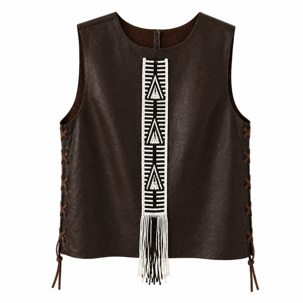 Barranca Handmade Leather Vest with Loom Detail Dark Brown One Size by Espacio Alazán