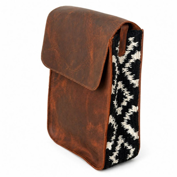Espacio Alazán Unisex Leather Matera Bag Brown with Black & White Woven Textile