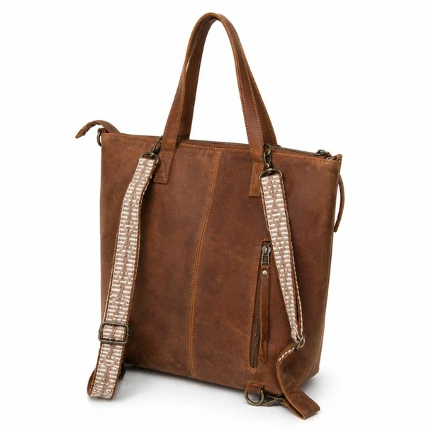 Espacio Alazán Pehuen Leather Backpack Bag with Woven Strap Convertible Design