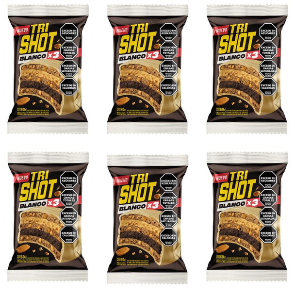 Tri Shot Blanco Triple Alfajor with Peanut Paste & Chocolate Mousse, 60 g / 2.12 oz (Pack of 6)