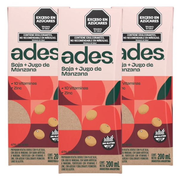 Ades Soy Beverage with Apple Flavor Tetra Pak, 200 ml / 6.76 fl oz (pack of 3)
