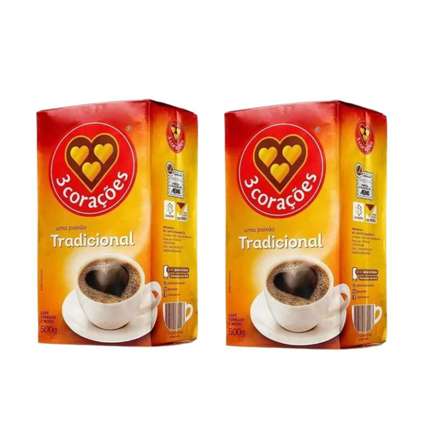 3 Corações Tradicional Ground Coffee Vacuum-Sealed, 500 g / 17.64 oz (pack of 2)